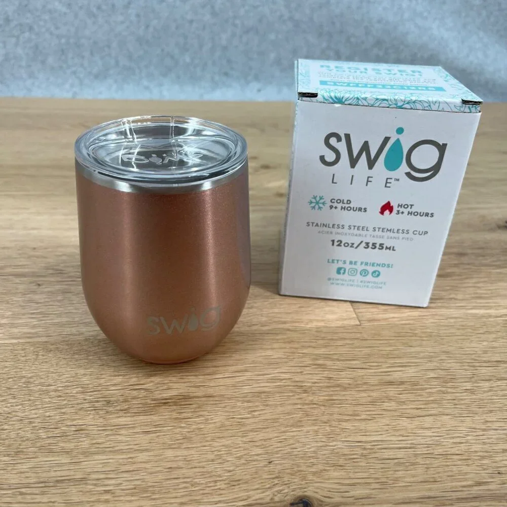 Swig Life Insulated Stemless Wine Cup 12oz Rose Gold with Lid Gift Camping NEW
